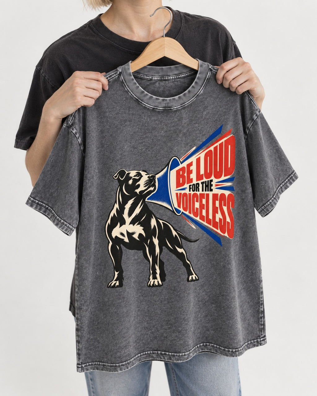 Pitbull For the Voiceless Washed Tee in Gray, held up on a hanger