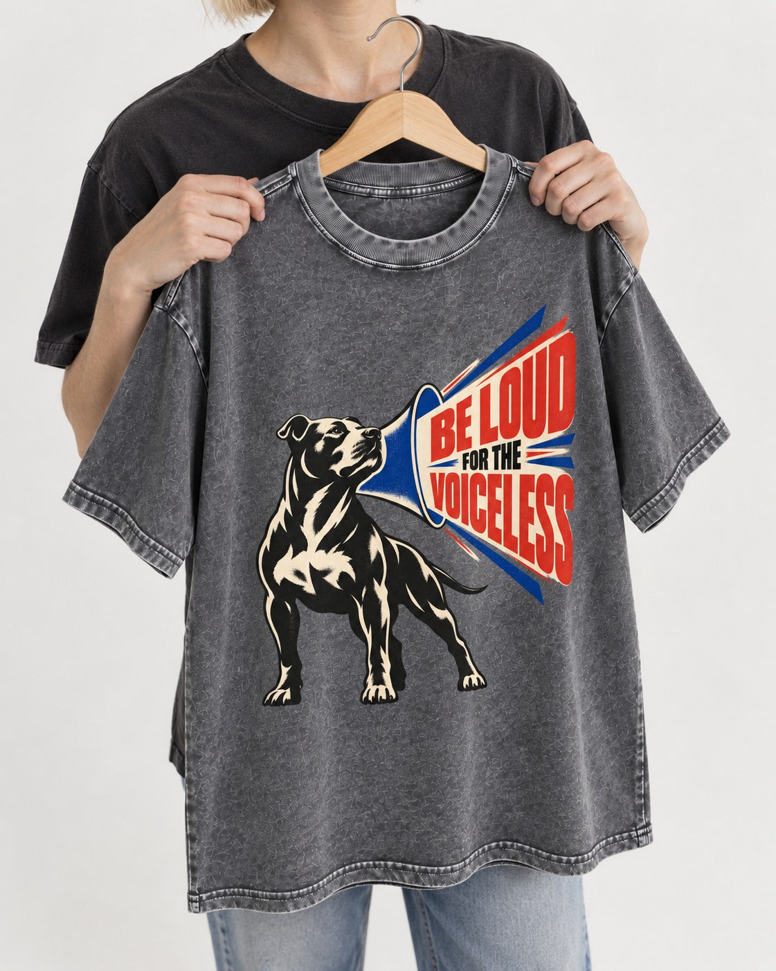 Pitbull For the Voiceless Washed Tee in Gray, held up on a hanger