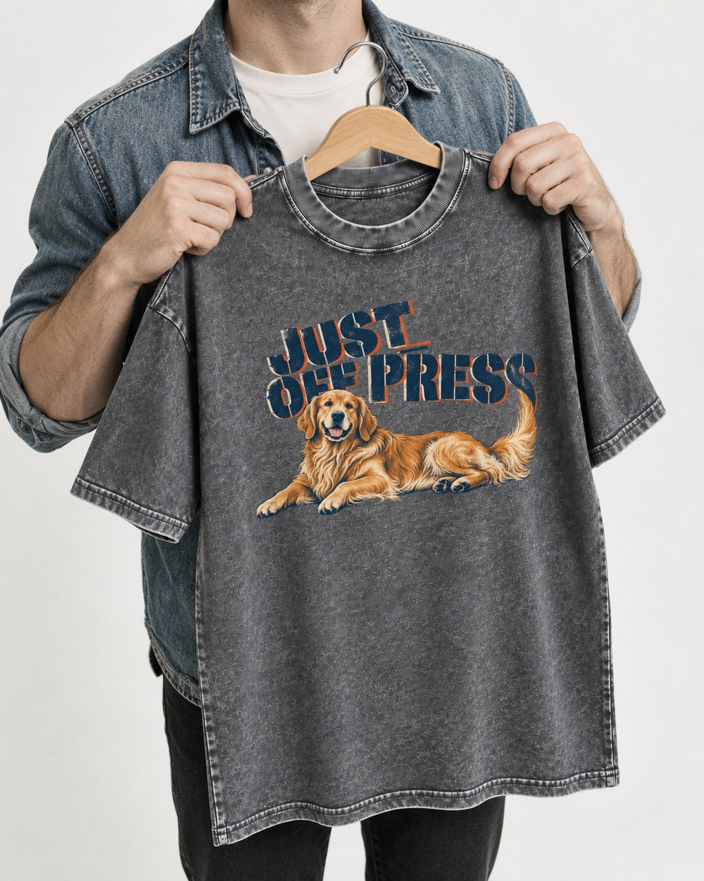 Golden Retriever Just Off Press Washed Tee in Gray, held up on a hanger
