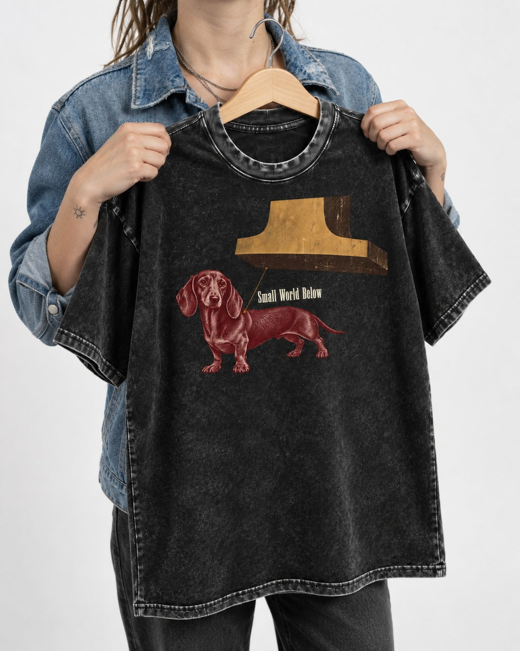 Dachshund Small World Below Giant Shoe Graphic Washed Tee in Black, held up on a hanger