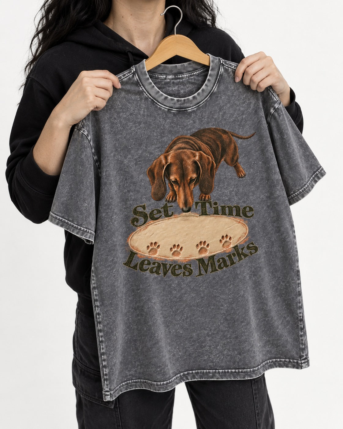 Dachshund Time Leaves Marks Washed Tee in Gray, held up on a hanger