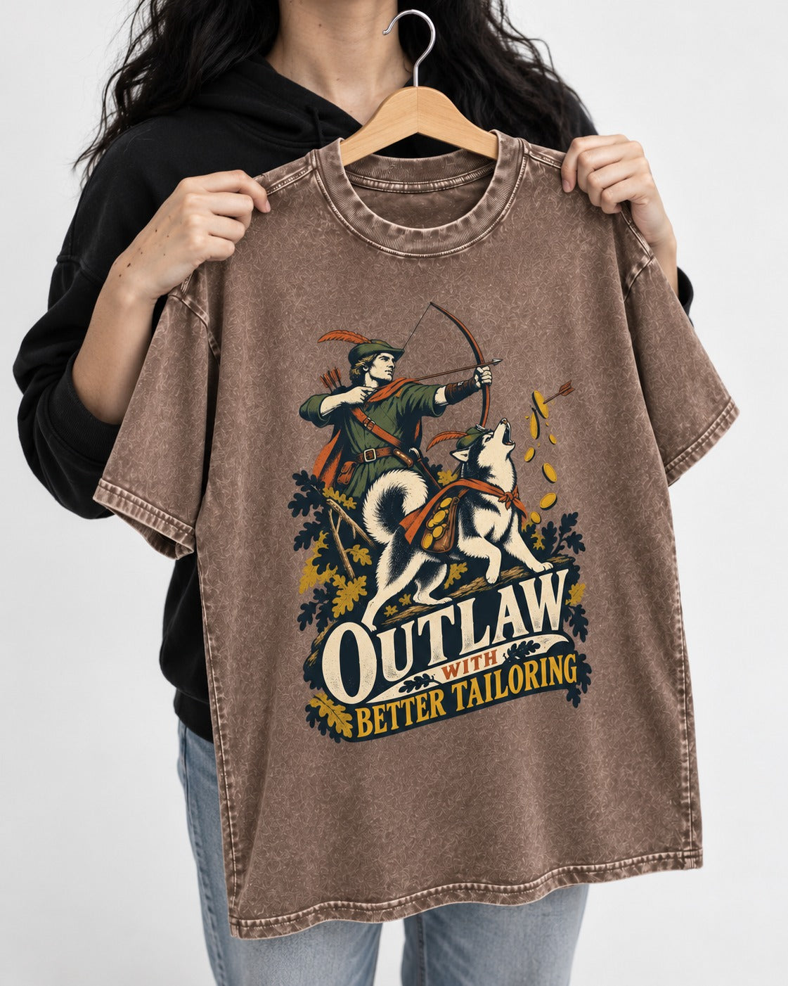 Husky Outlaw with Better Tailoring Washed Tee in Coffee, held up on a hanger