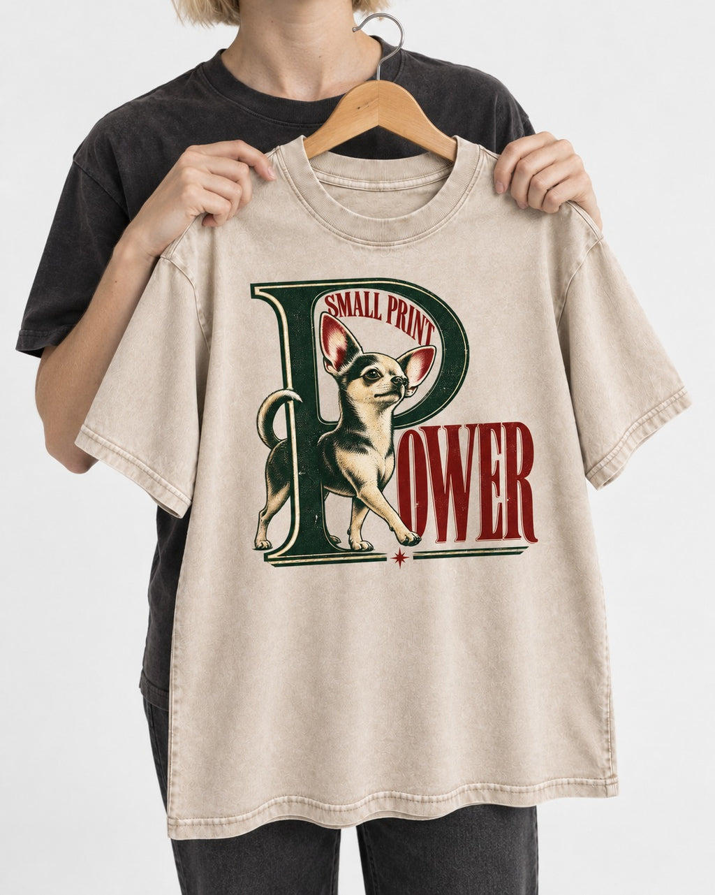Chihuahua Small Print Power Monogram Graphic Washed Tee in Apricot, held up on a hanger