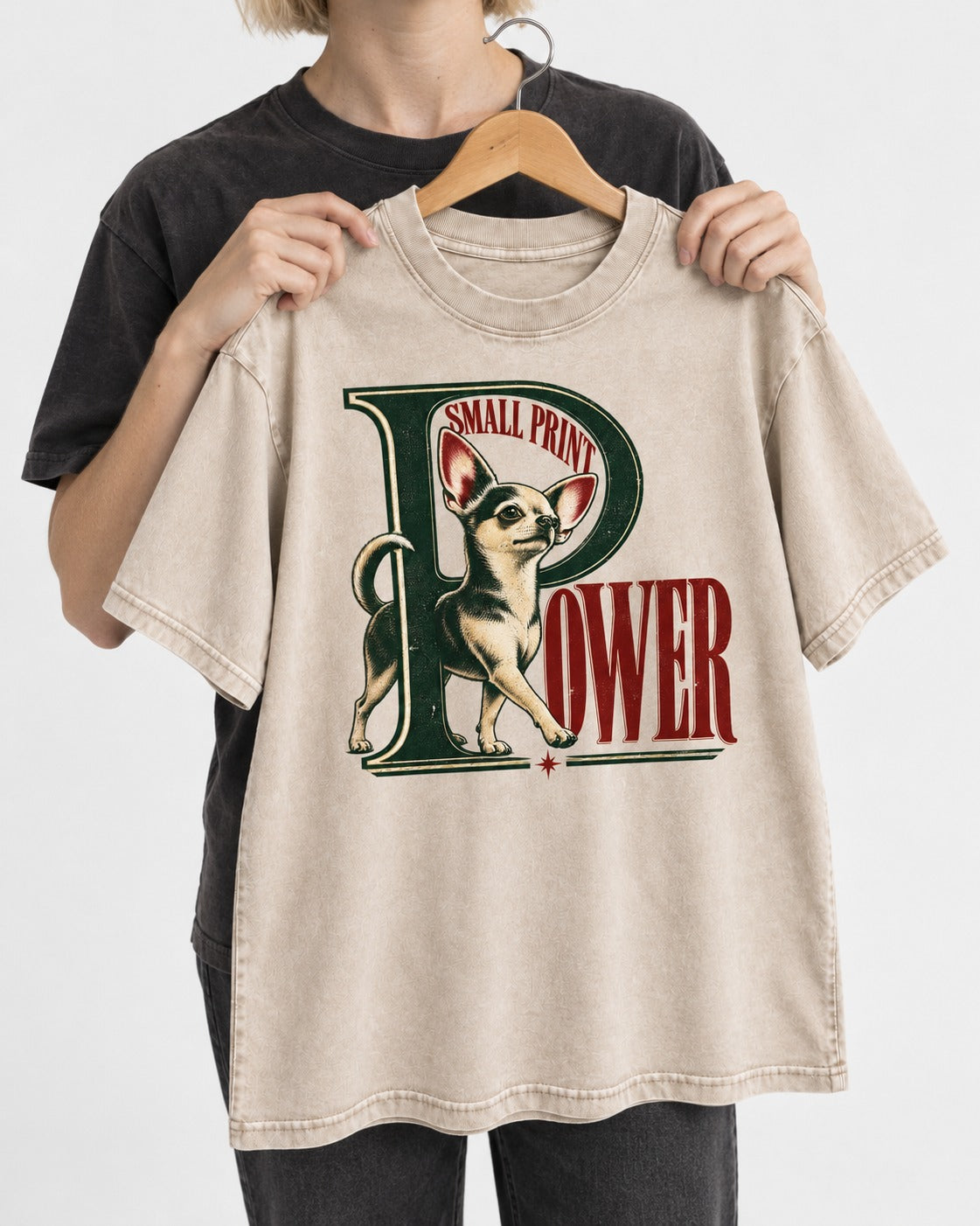 Chihuahua Small Print Power Monogram Graphic Washed Tee in Apricot, held up on a hanger