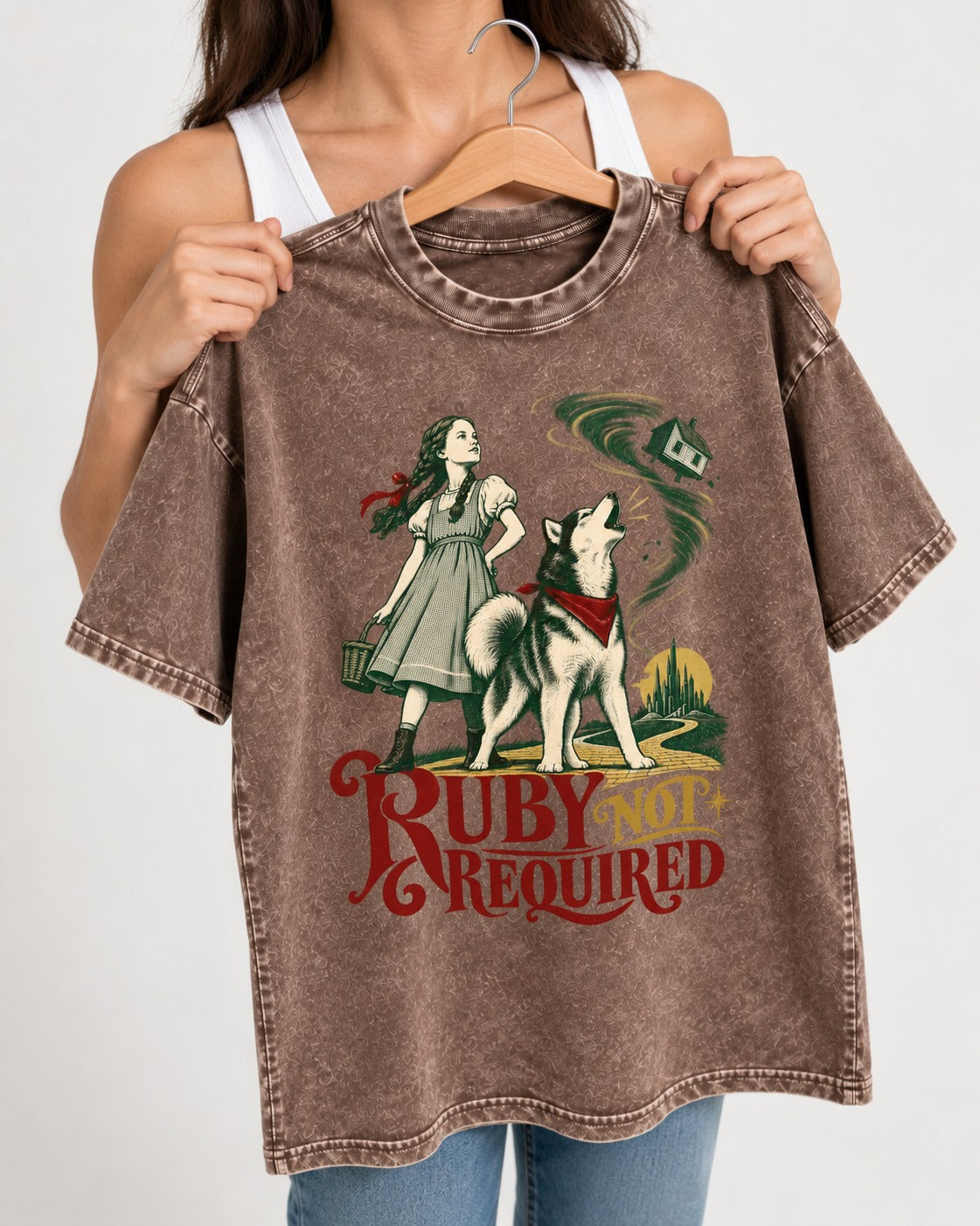 Ruby Not Required for Husky Washed Tee in Coffee, held up on a hanger