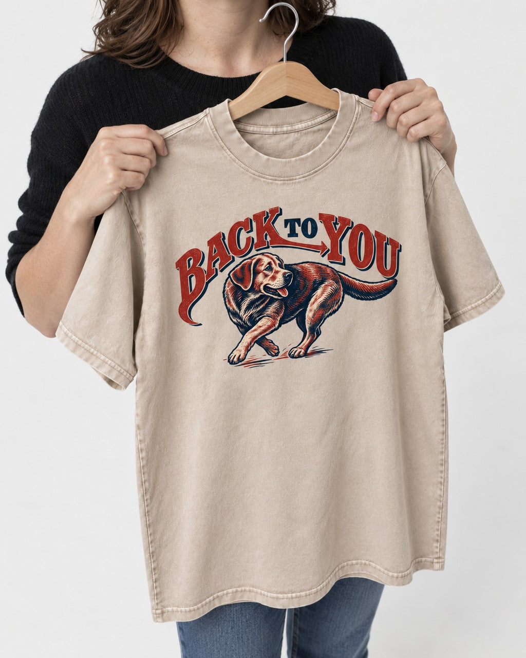 Labrador Retriever Back to You Turning Graphic Washed Tee in Apricot, held up on a hanger