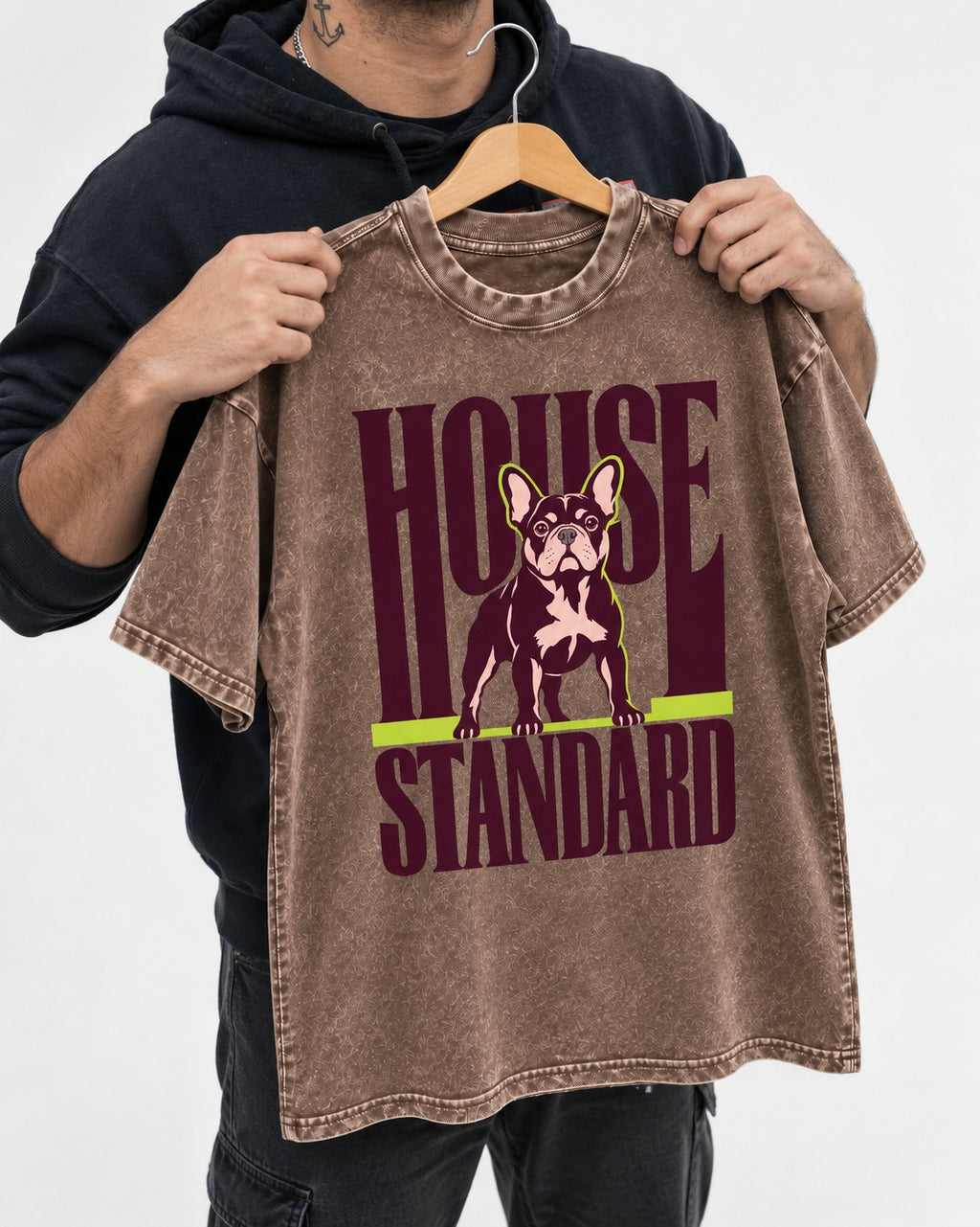 Frenchie House Standard Washed Tee in Coffee, held up on a hanger