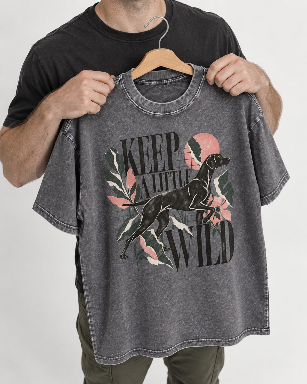 Keep a Little Wild German Shorthaired Pointer Washed Tee in Gray, held up on a hanger