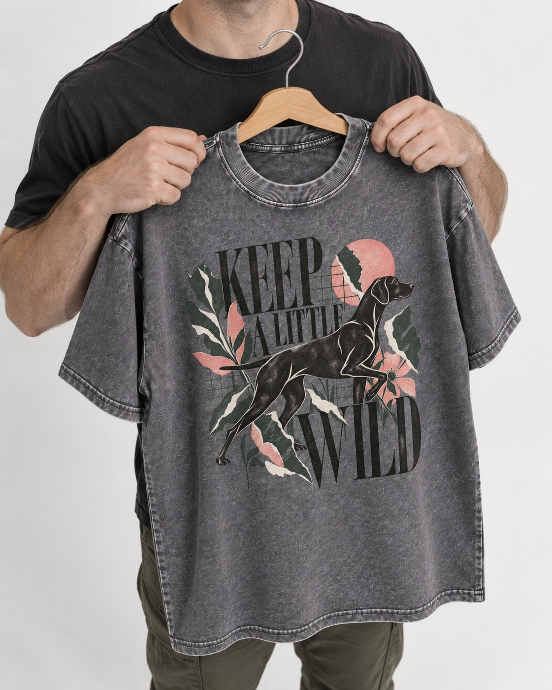 Keep a Little Wild German Shorthaired Pointer Washed Tee in Gray, held up on a hanger