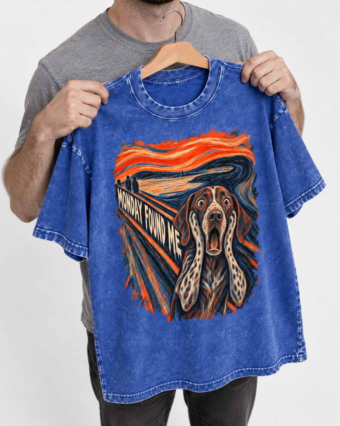 German Shorthaired Pointer Monday Found Me Scream Parody Graphic Washed Tee in Royal Blue, held up on a hanger