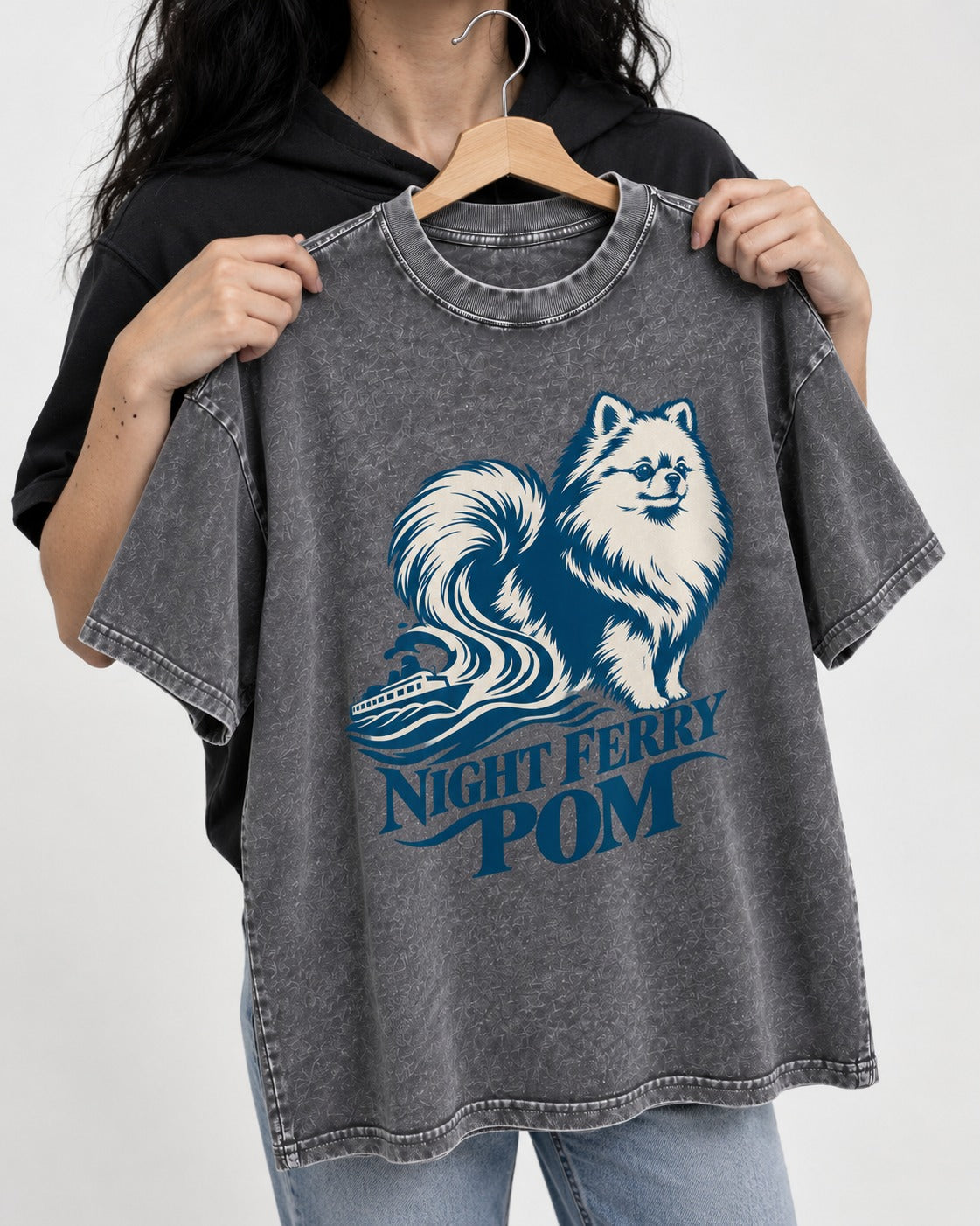 Night Ferry Pomeranian Washed Tee in Gray, held up on a hanger