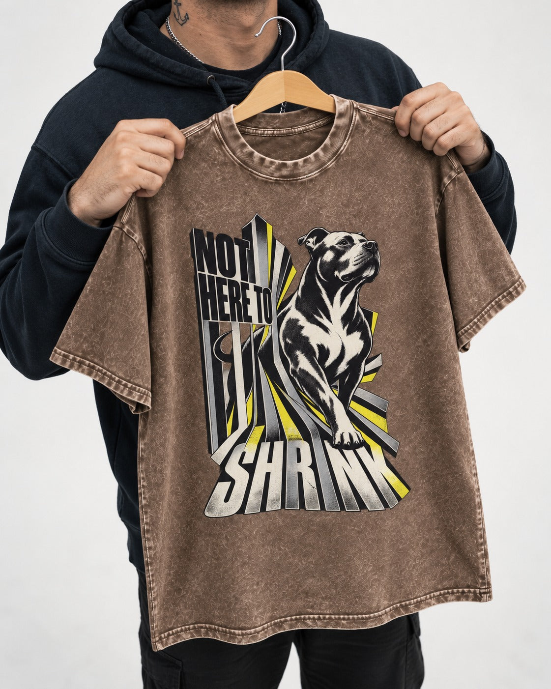 Not Here to Share Pitbull Washed Tee in Coffee, held up on a hanger