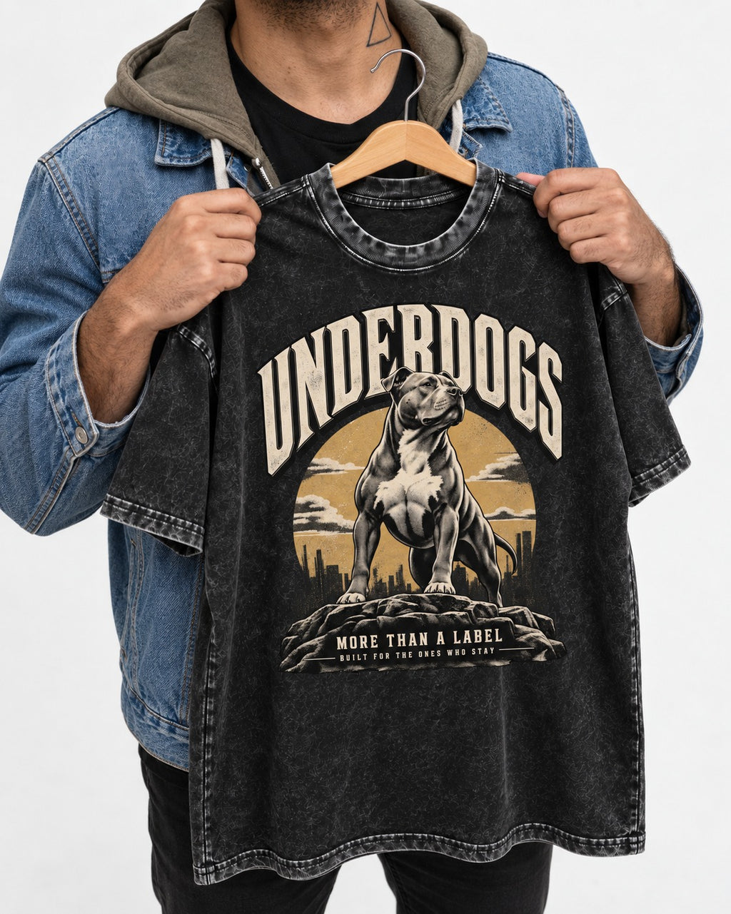 Pitbull Underdogs City Monument Graphic Washed Tee in Black, held up on a hanger