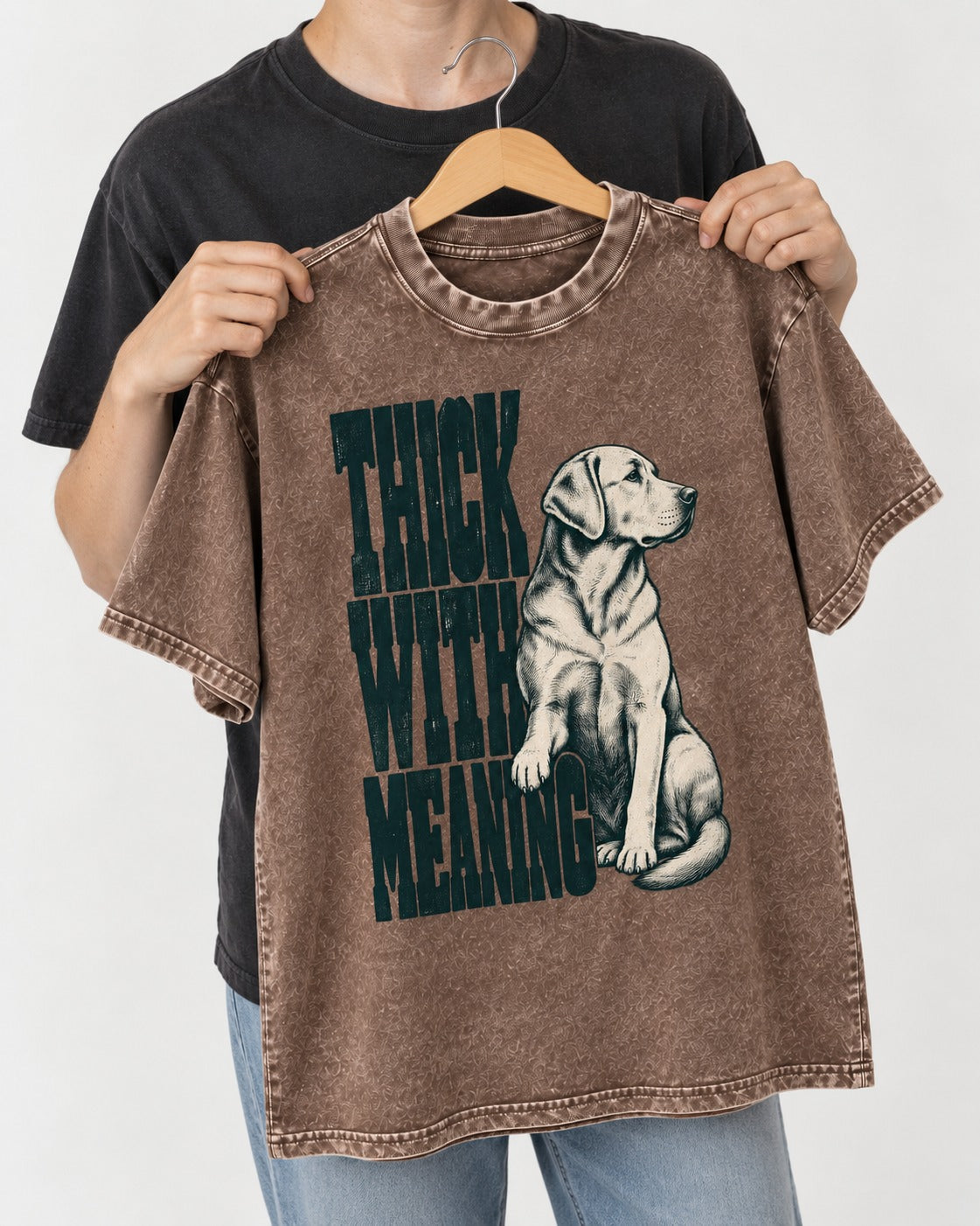 Thick with Meaning Labrador Retriever Washed Tee in Coffee, held up on a hanger