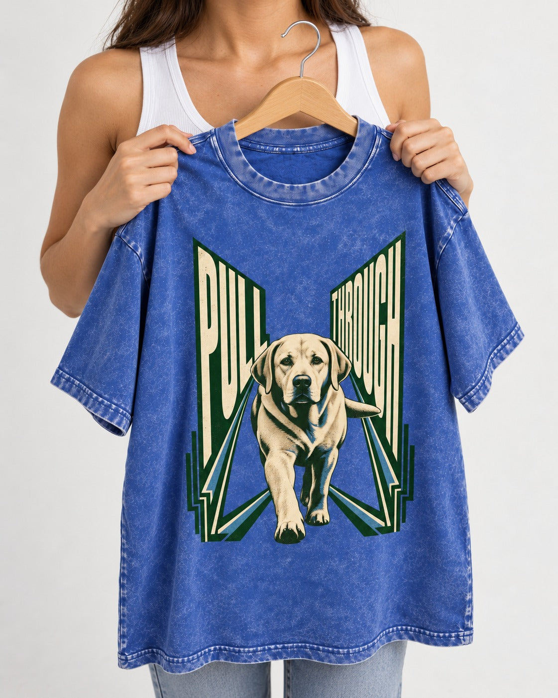 Labrador Retriever Pull Through Perspective Graphic Washed Tee in Royal Blue, held up on a hanger