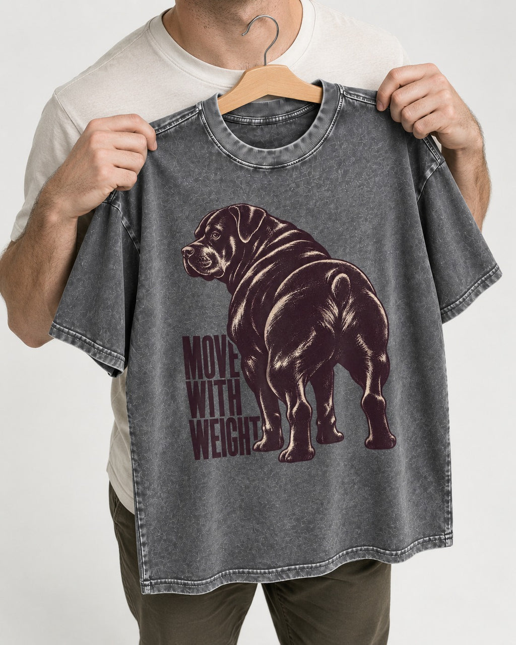 Rottweiler Moves with Weight Washed Tee in Gray, held up on a hanger