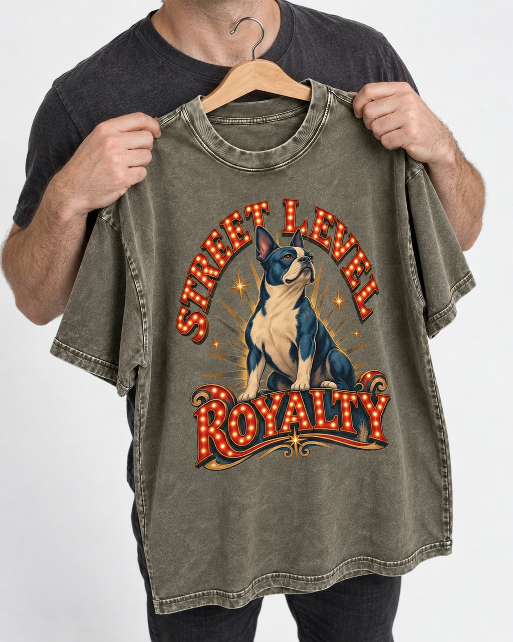 Street Level Royalty Boston Terrier Washed Tee in Army Green, held up on a hanger
