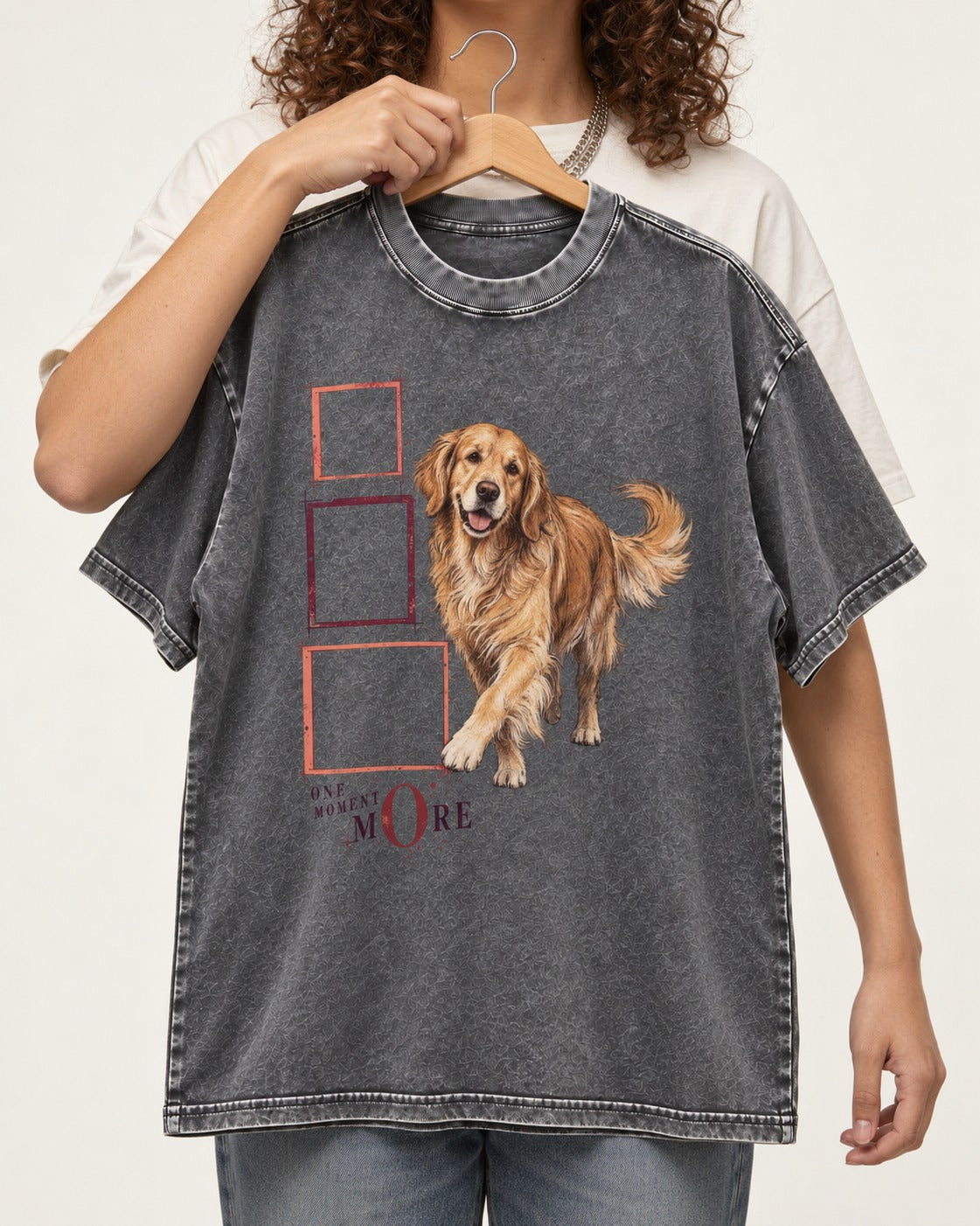 Golden Retriever One Moment More Washed Tee in Gray, held up on a hanger