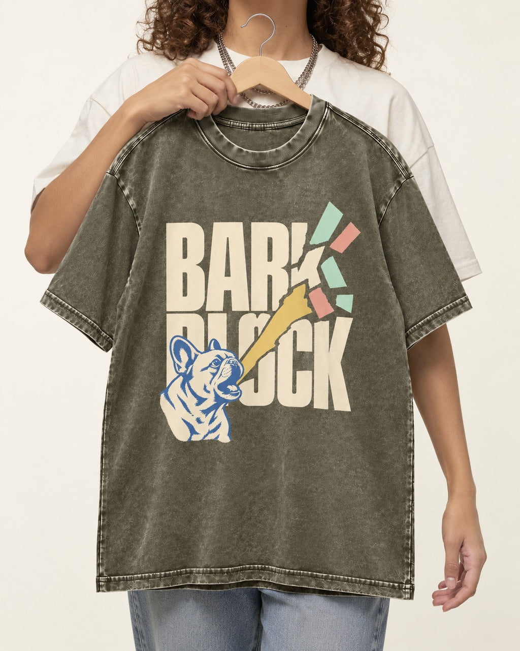 Frenchie Bark Breaks Bark Block Graphic Washed Tee in Army Green, held up on a hanger