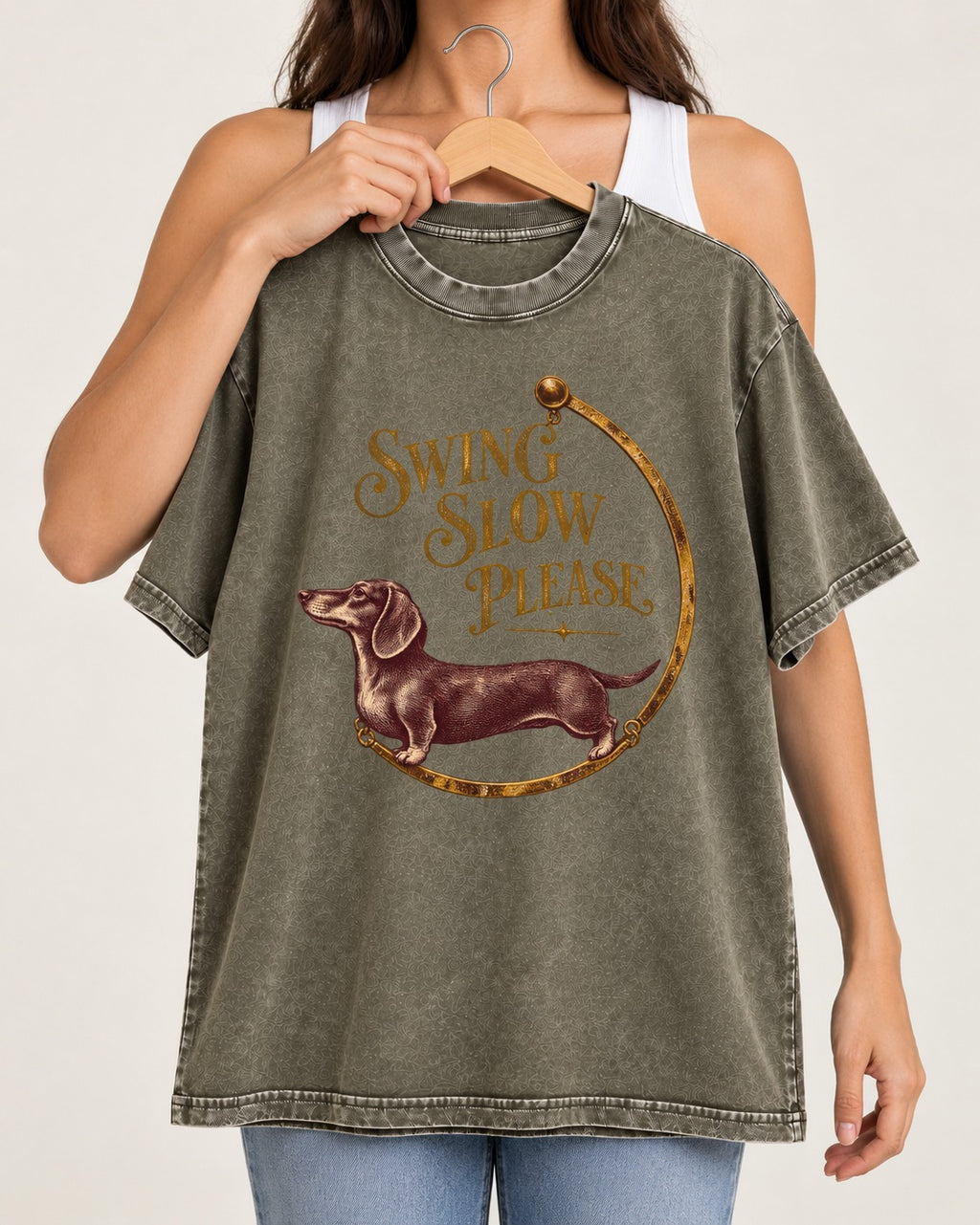 Dachshund Swing Slow Please Necklace Frame Graphic Washed Tee in Army Green, held up on a hanger
