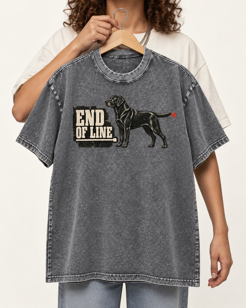 End of Line Labrador Retriever Washed Tee in Gray, held up on a hanger
