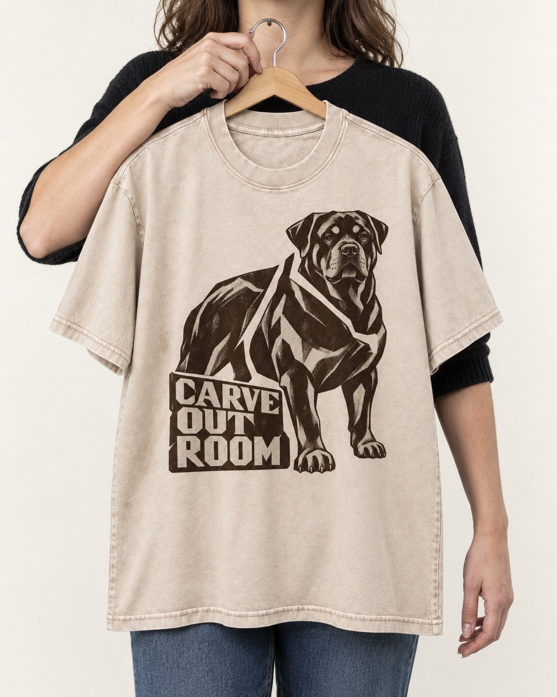 Carve Out Room for Rottweiler Washed Tee in Apricot, held up on a hanger