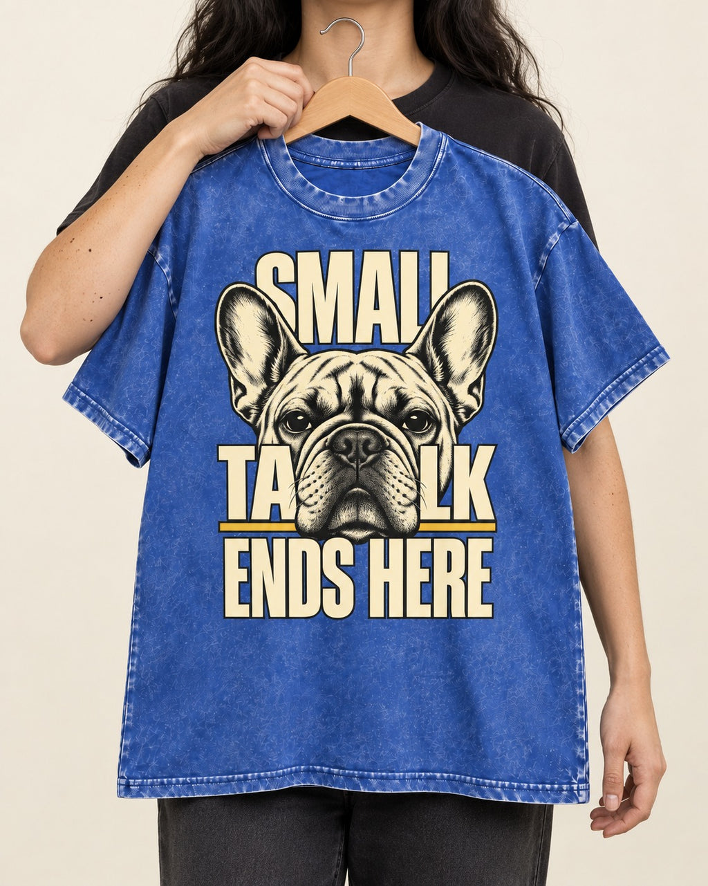 Frenchie Small Talk Ends Here Portrait Graphic Washed Tee in Royal Blue, held up on a hanger