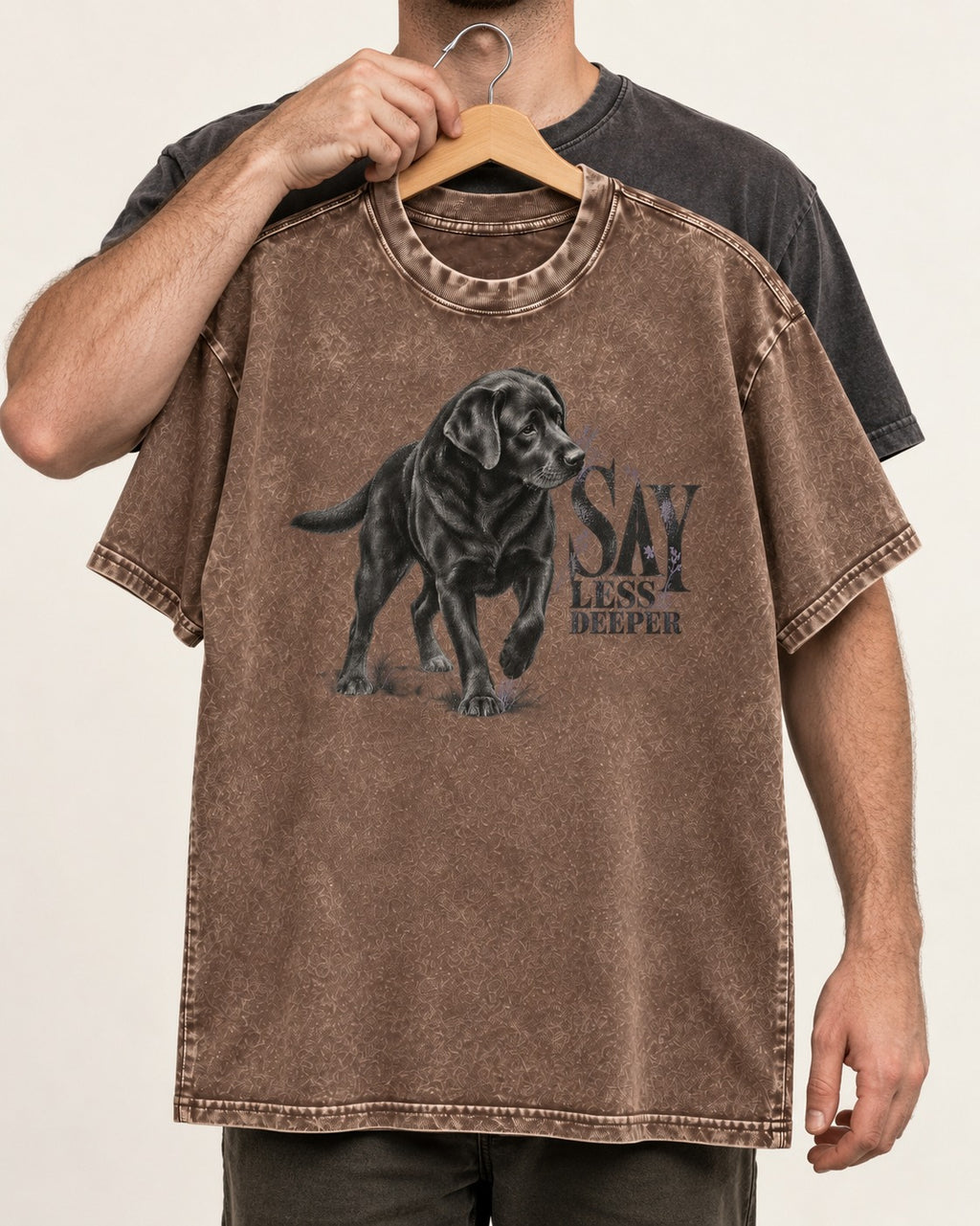 Say Less Deeper Labrador Retriever Washed Tee in Coffee, held up on a hanger