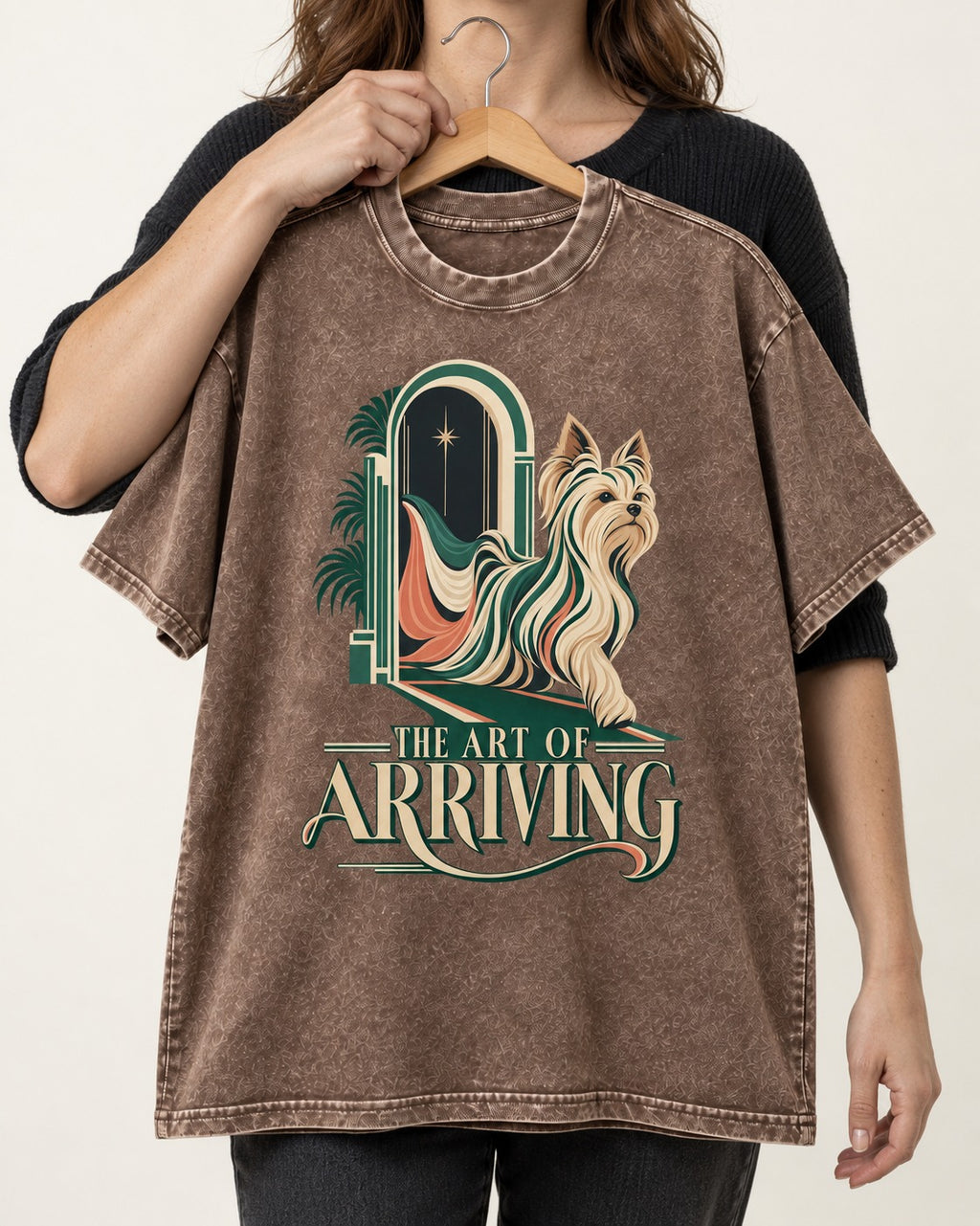 Yorkshire Terrier Arriving Washed Tee in Coffee, held up on a hanger