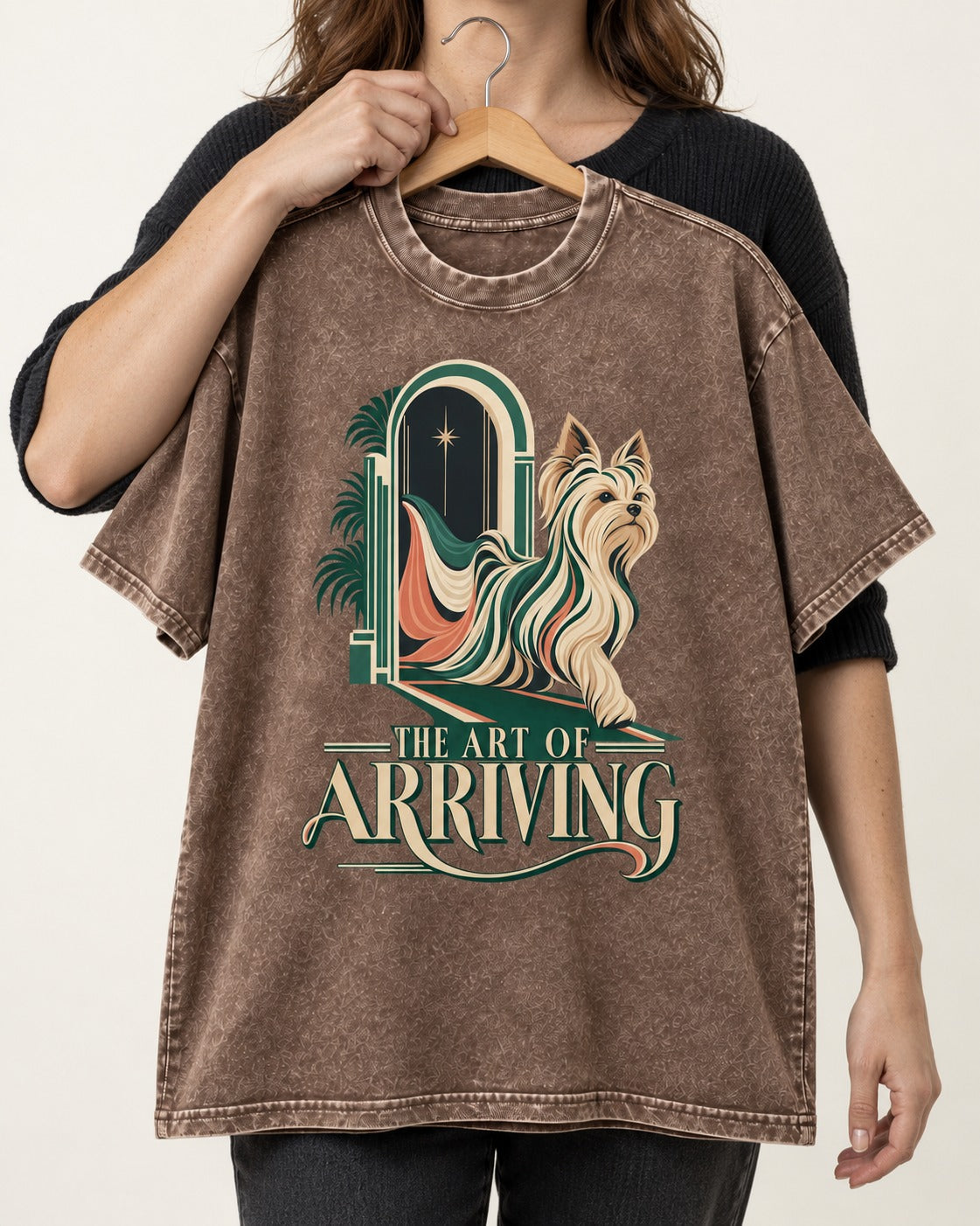 Yorkshire Terrier Arriving Washed Tee in Coffee, held up on a hanger