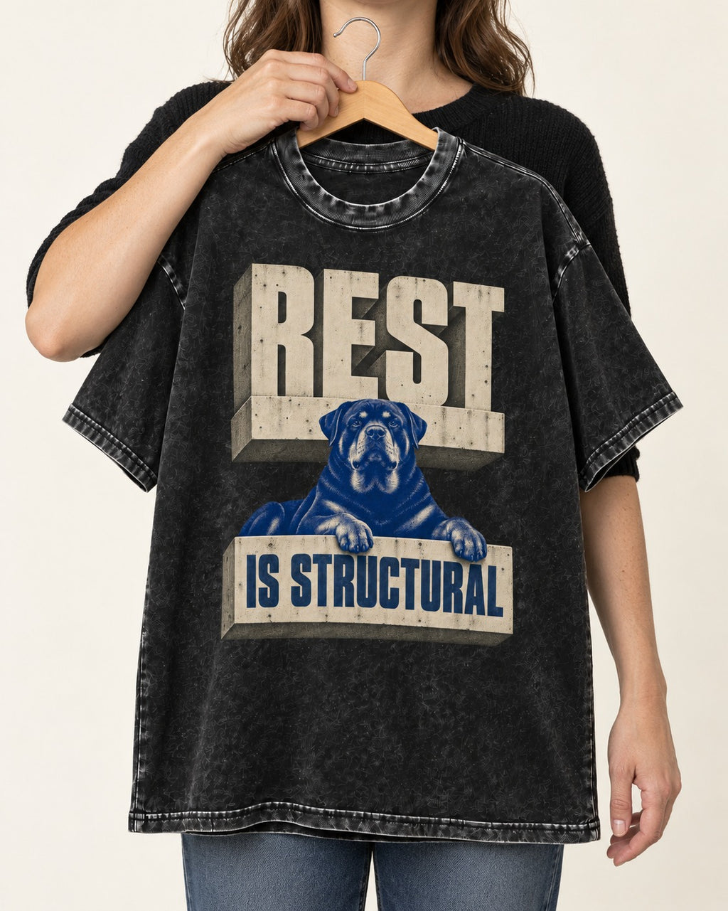Rottweiler Rest Is Structural Architectural Type Graphic Washed Tee in Black, held up on a hanger