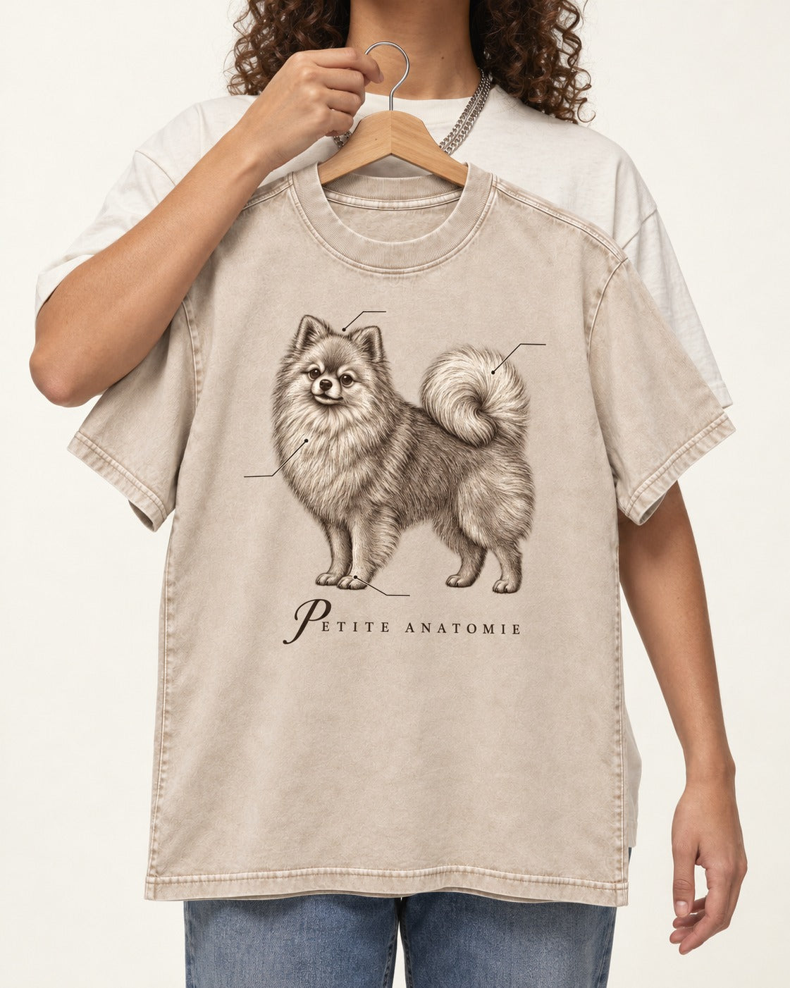 Pomeranian Petite Anatomie Washed Tee in Apricot, held up on a hanger