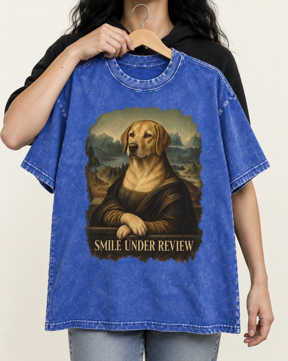 Labrador Retriever Smile Under Review Mona Lisa Graphic Washed Tee in Royal Blue, held up on a hanger