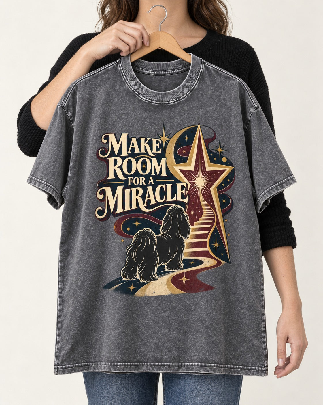 Room for a Shih Tzu Miracle Washed Tee in Gray, held up on a hanger