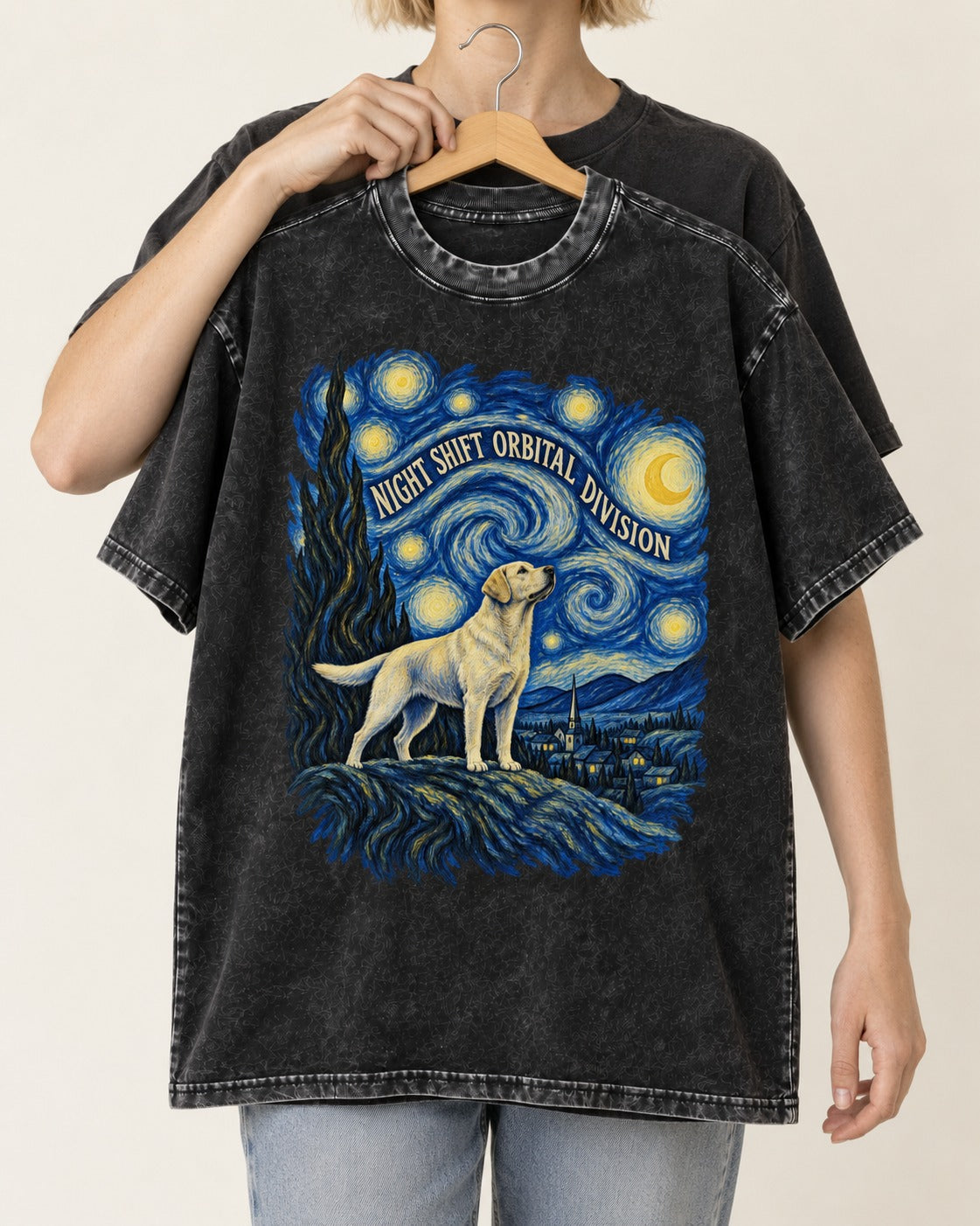 Labrador Retriever Night Shift Orbital Division Starry Night Graphic Washed Tee in Black, held up on a hanger