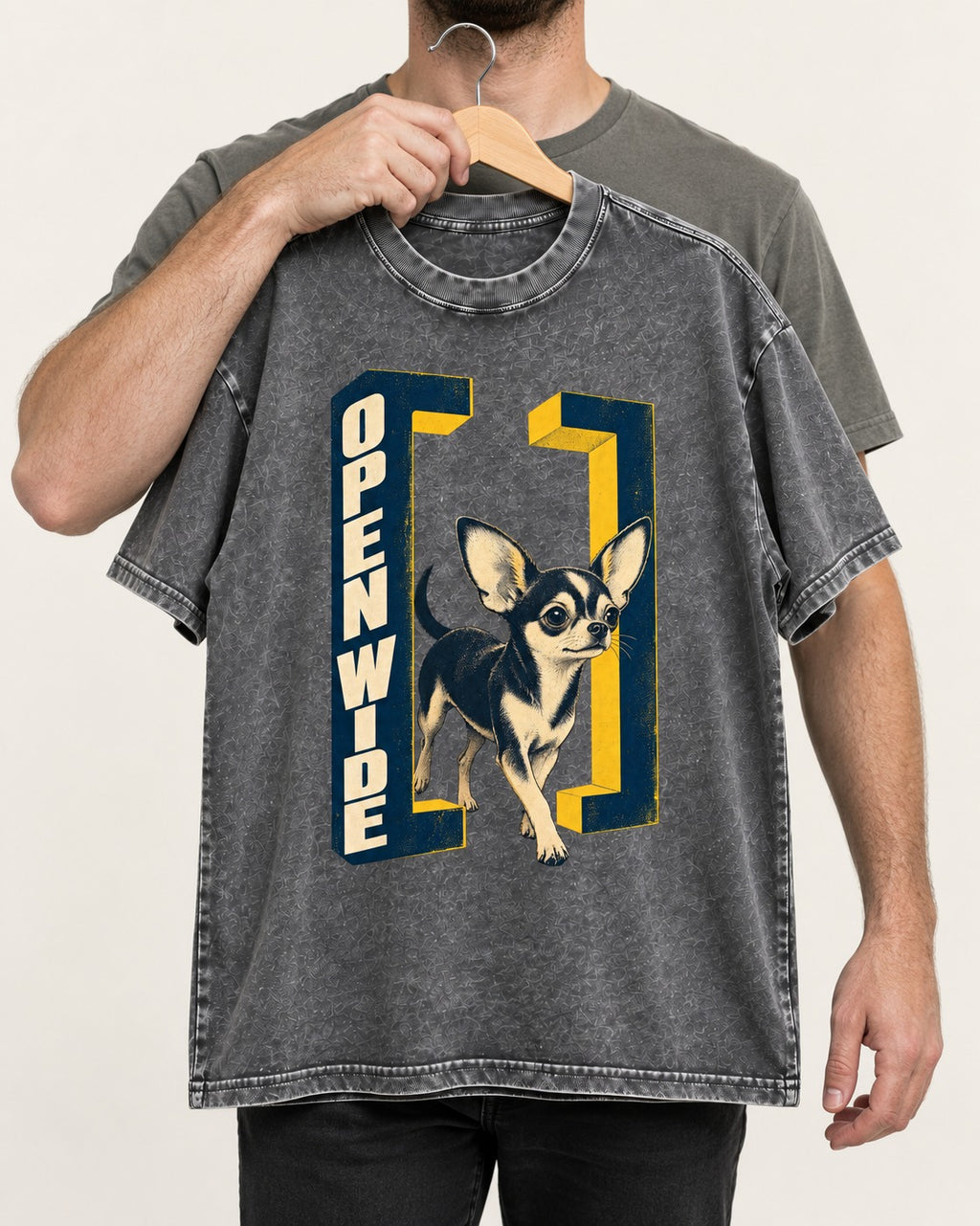 Open Wide Chihuahua Washed Tee in Gray, held up on a hanger
