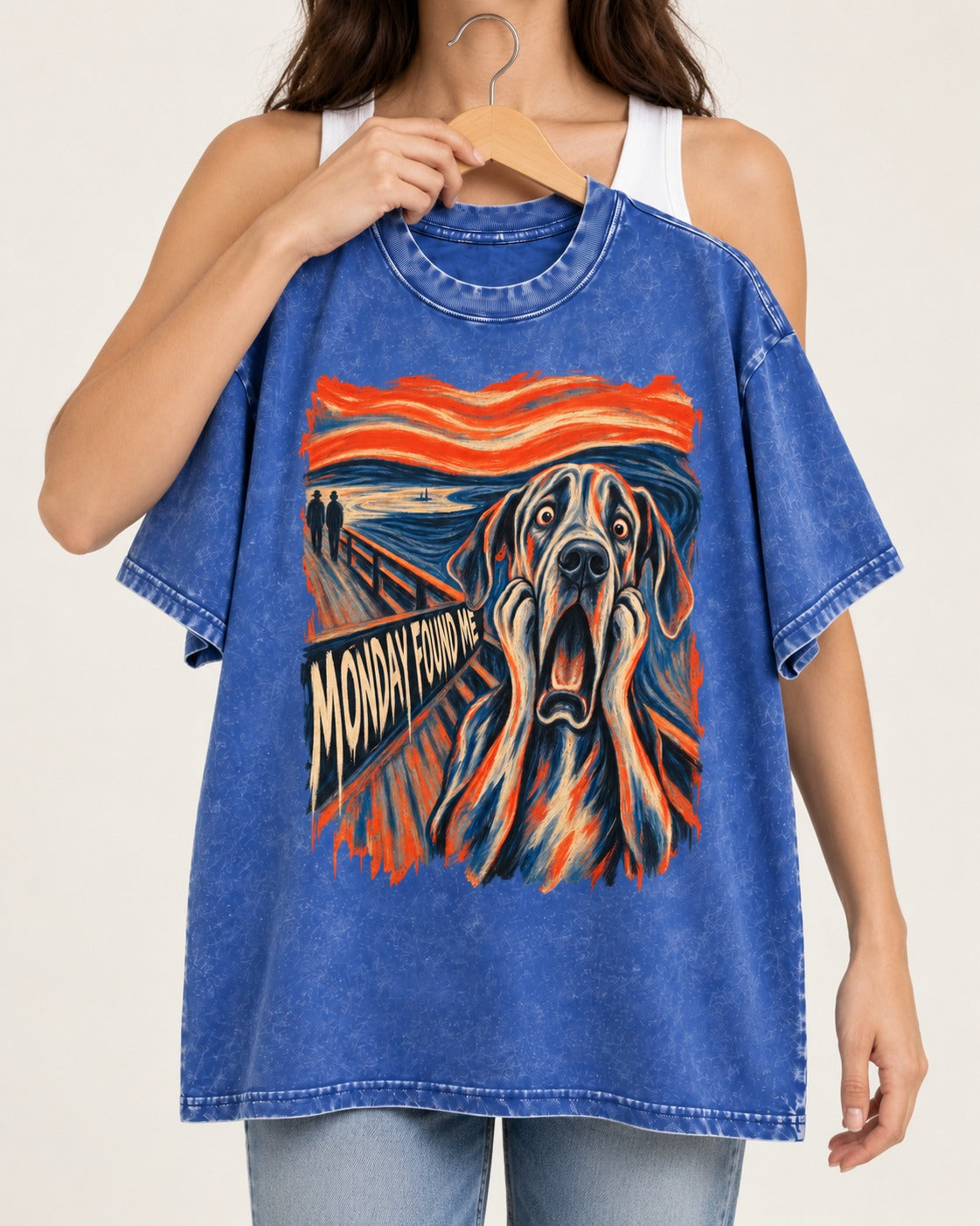 Great Dane Monday Found Me Scream Parody Graphic Washed Tee in Royal Blue, held up on a hanger