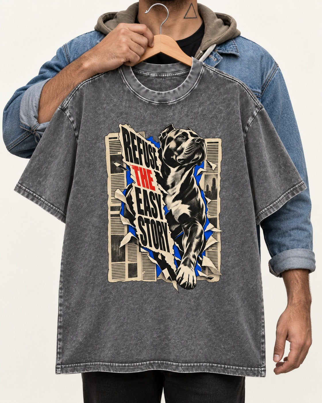 Pitbull Refuse the Easy Story Washed Tee in Gray, held up on a hanger