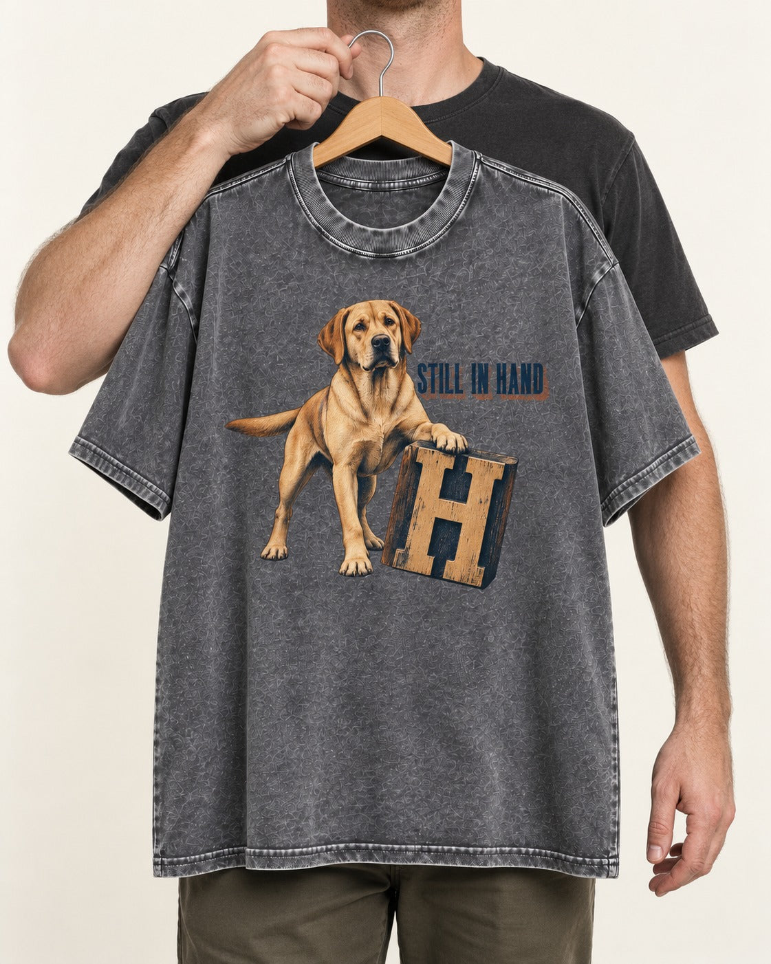 Labrador Retriever Still in Hand Washed Tee in Gray, held up on a hanger