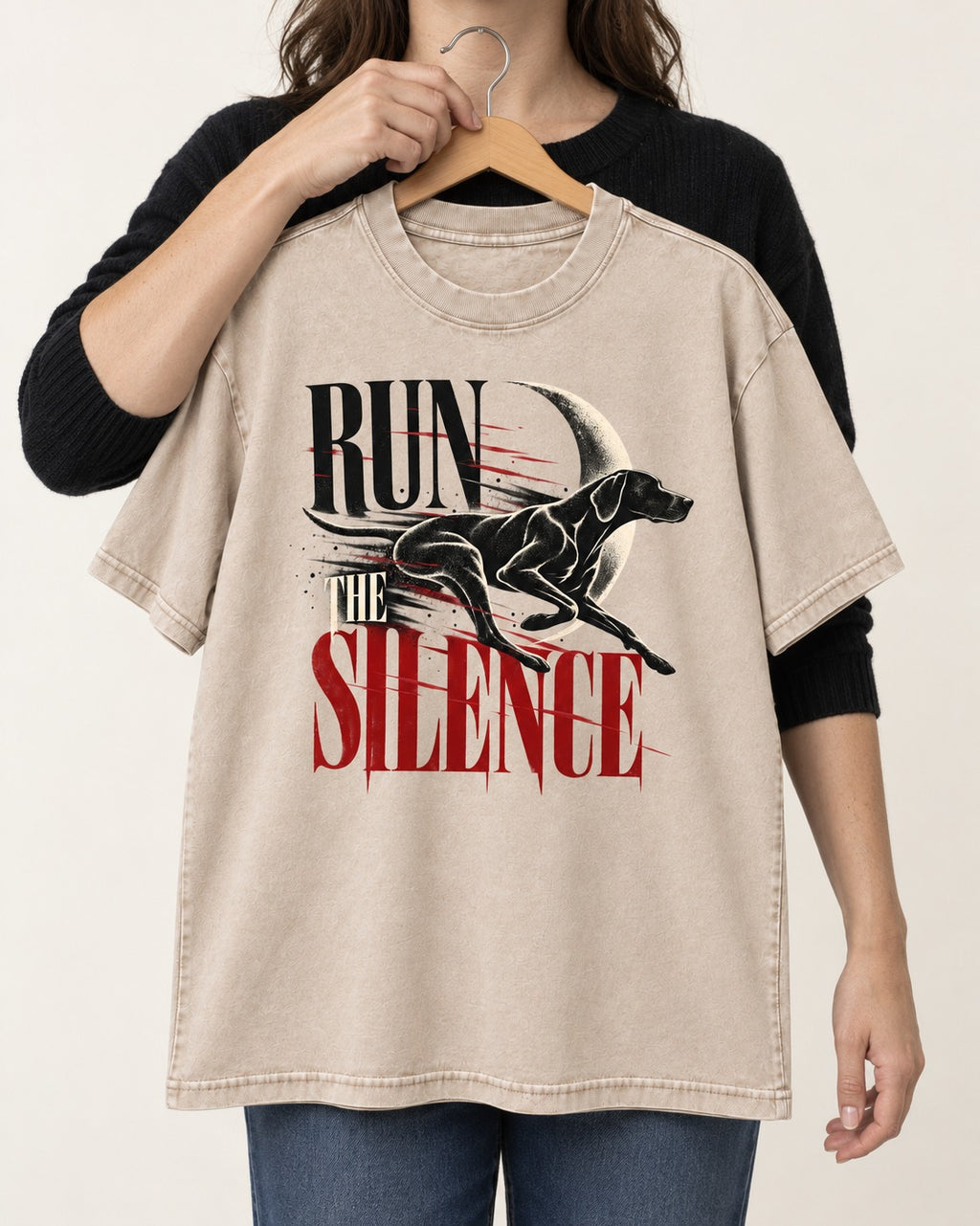 Run the Silence German Shorthaired Pointer Washed Tee in Apricot, held up on a hanger