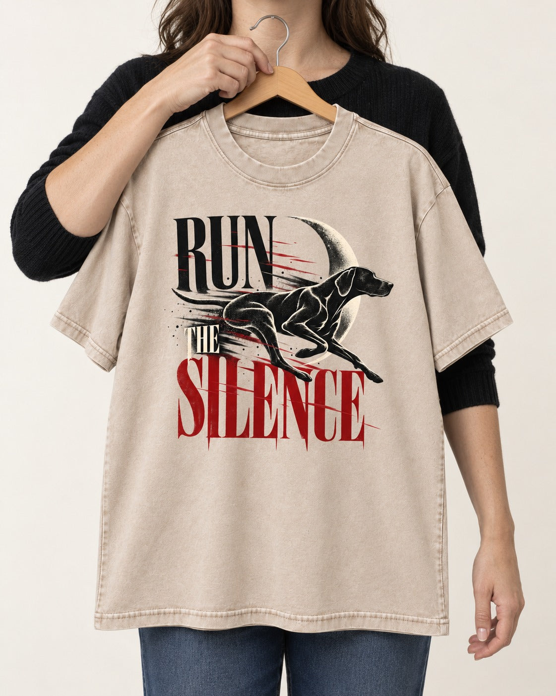 Run the Silence German Shorthaired Pointer Washed Tee in Apricot, held up on a hanger