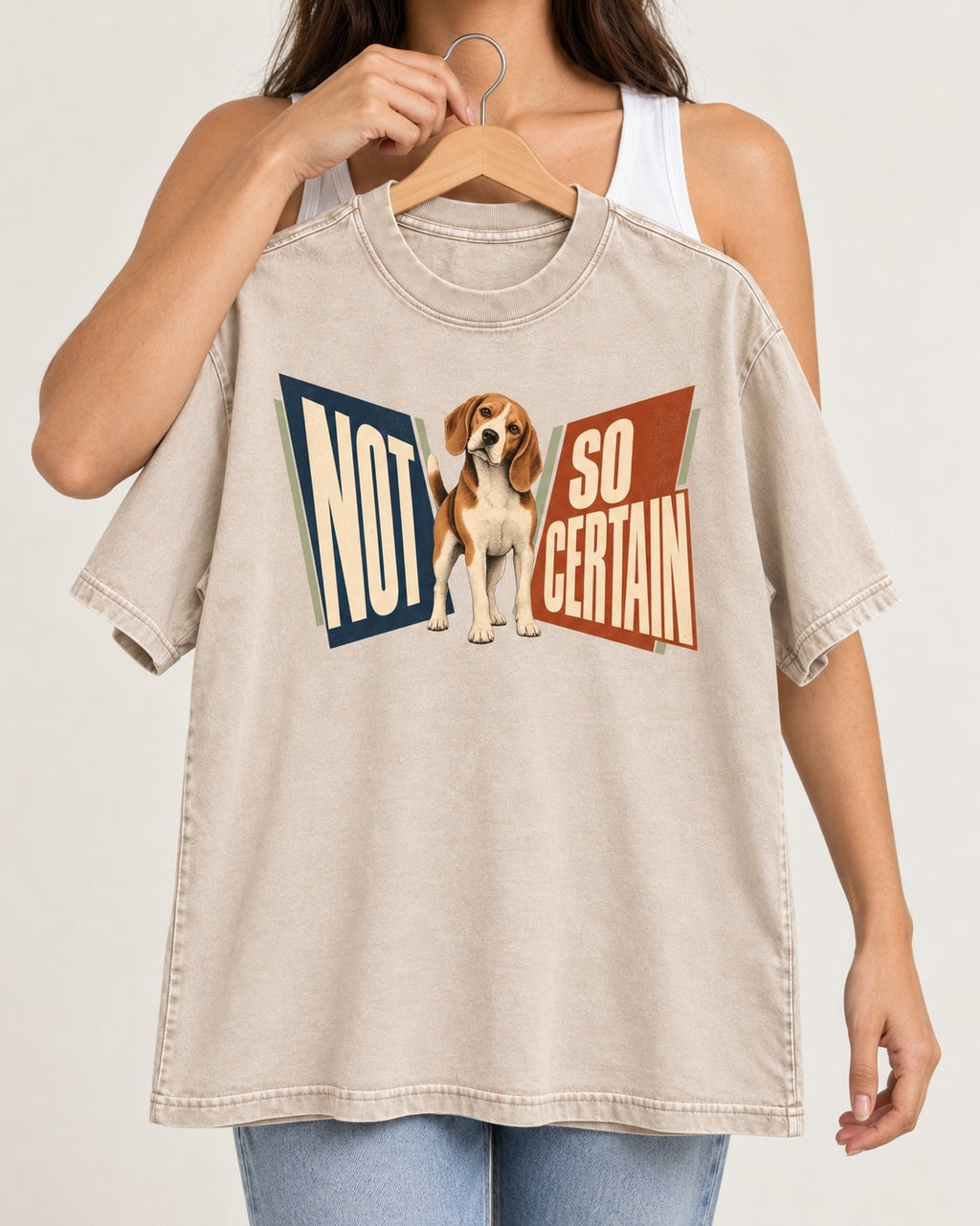 Beagle Not So Certain Retro Panel Graphic Washed Tee in Apricot, held up on a hanger