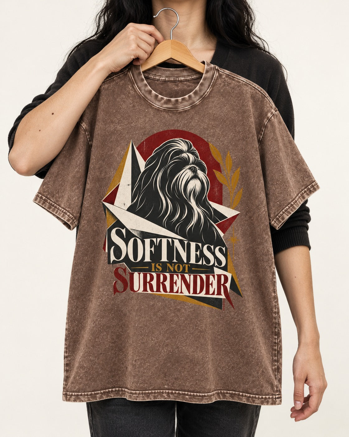 Shih Tzu Softness Is Not Surrender Washed Tee in Coffee, held up on a hanger