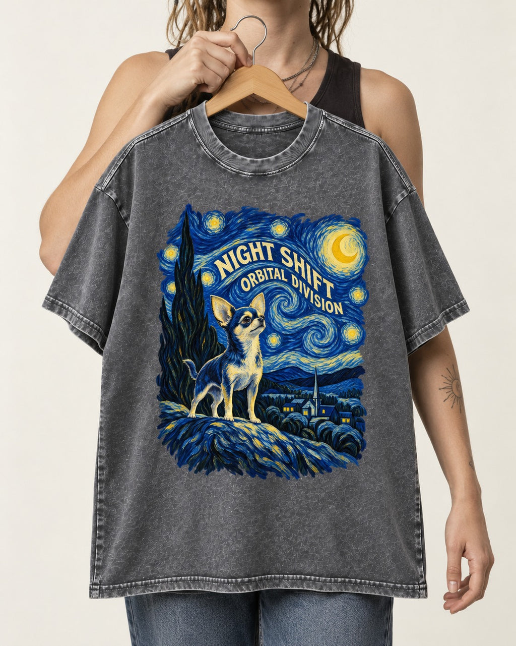 Chihuahua Night Shift Orbital Division Starry Night Graphic Washed Tee in Gray, held up on a hanger
