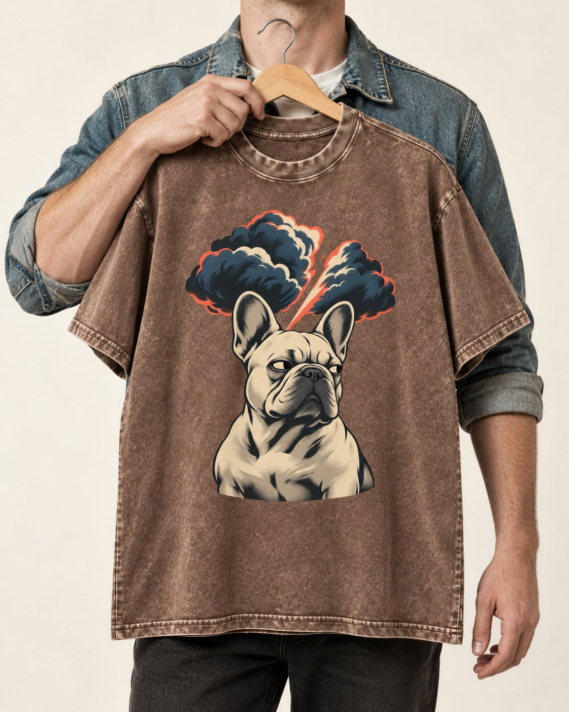 Frenchie Storm Warning Washed Tee in Coffee, held up on a hanger
