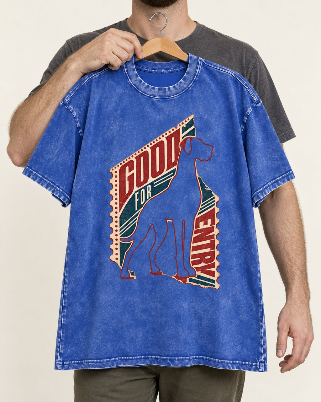 Great Dane Good for Nothing Ticket Cutout Graphic Washed Tee in Royal Blue, held up on a hanger
