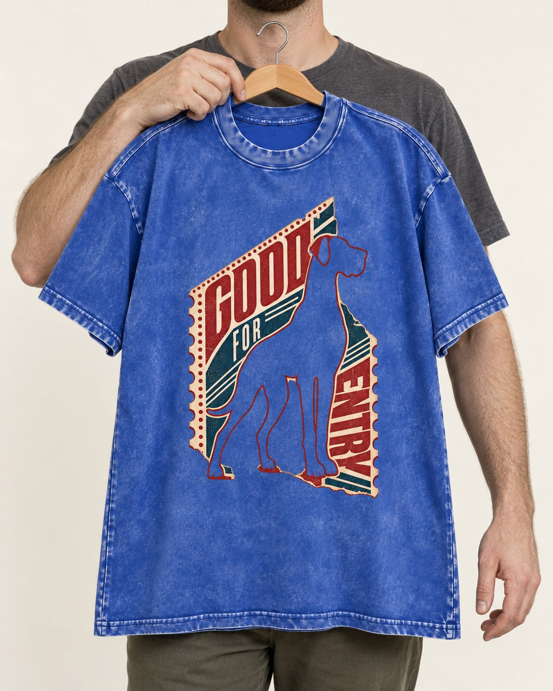 Great Dane Good for Nothing Ticket Cutout Graphic Washed Tee in Royal Blue, held up on a hanger