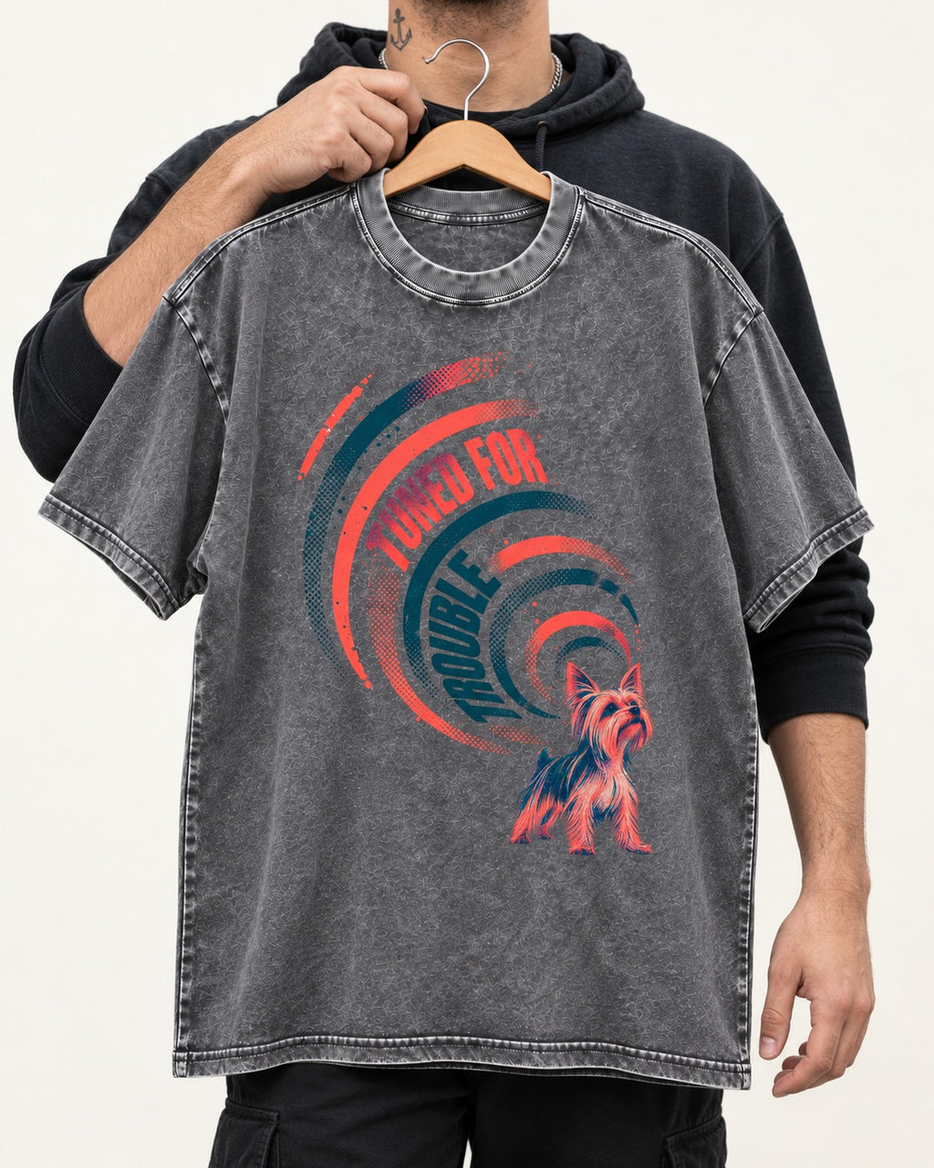 Yorkshire Terrier Tuned for Trouble Washed Tee in Gray, held up on a hanger