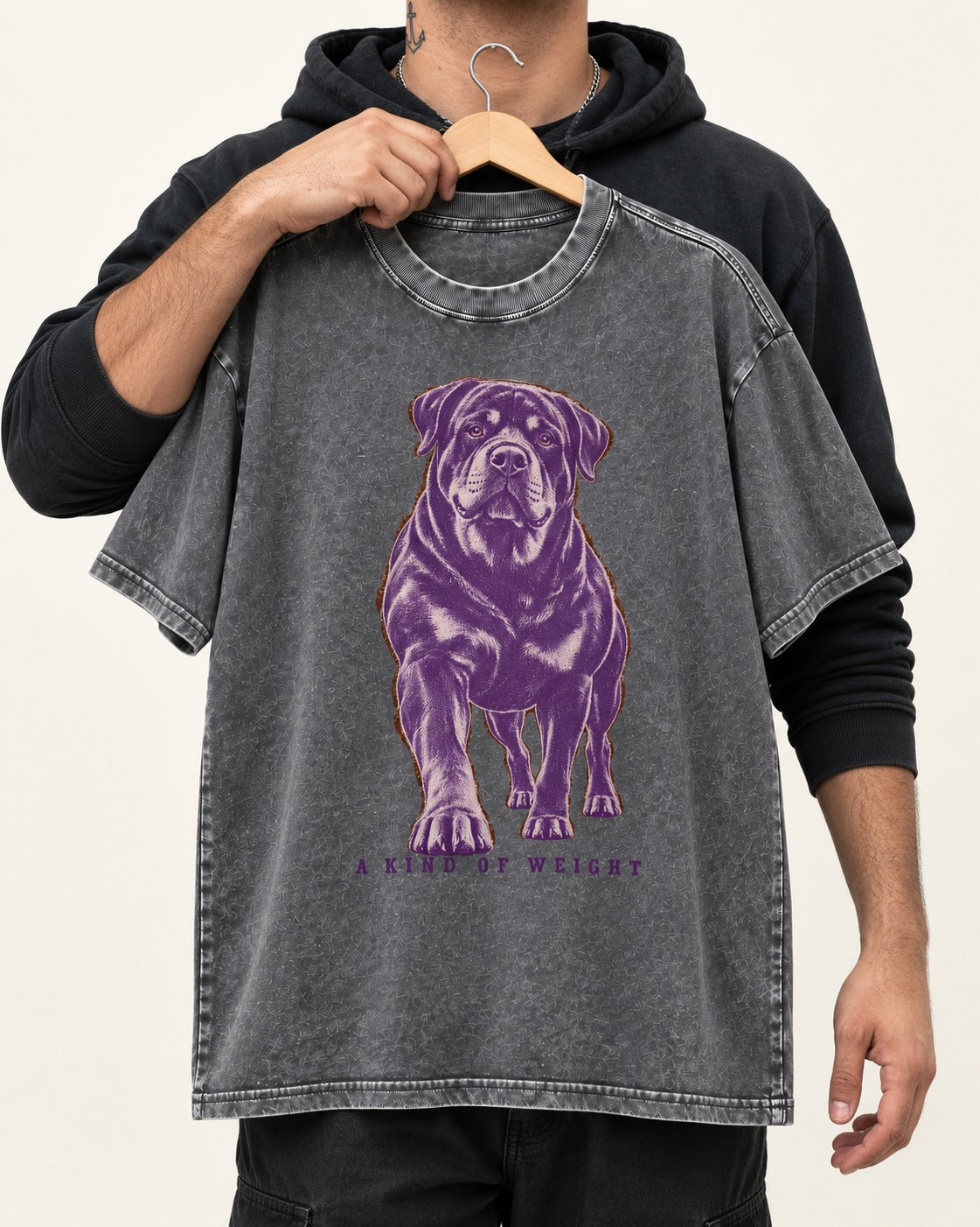 Rottweiler A Kind of Weight Washed Tee in Gray, held up on a hanger