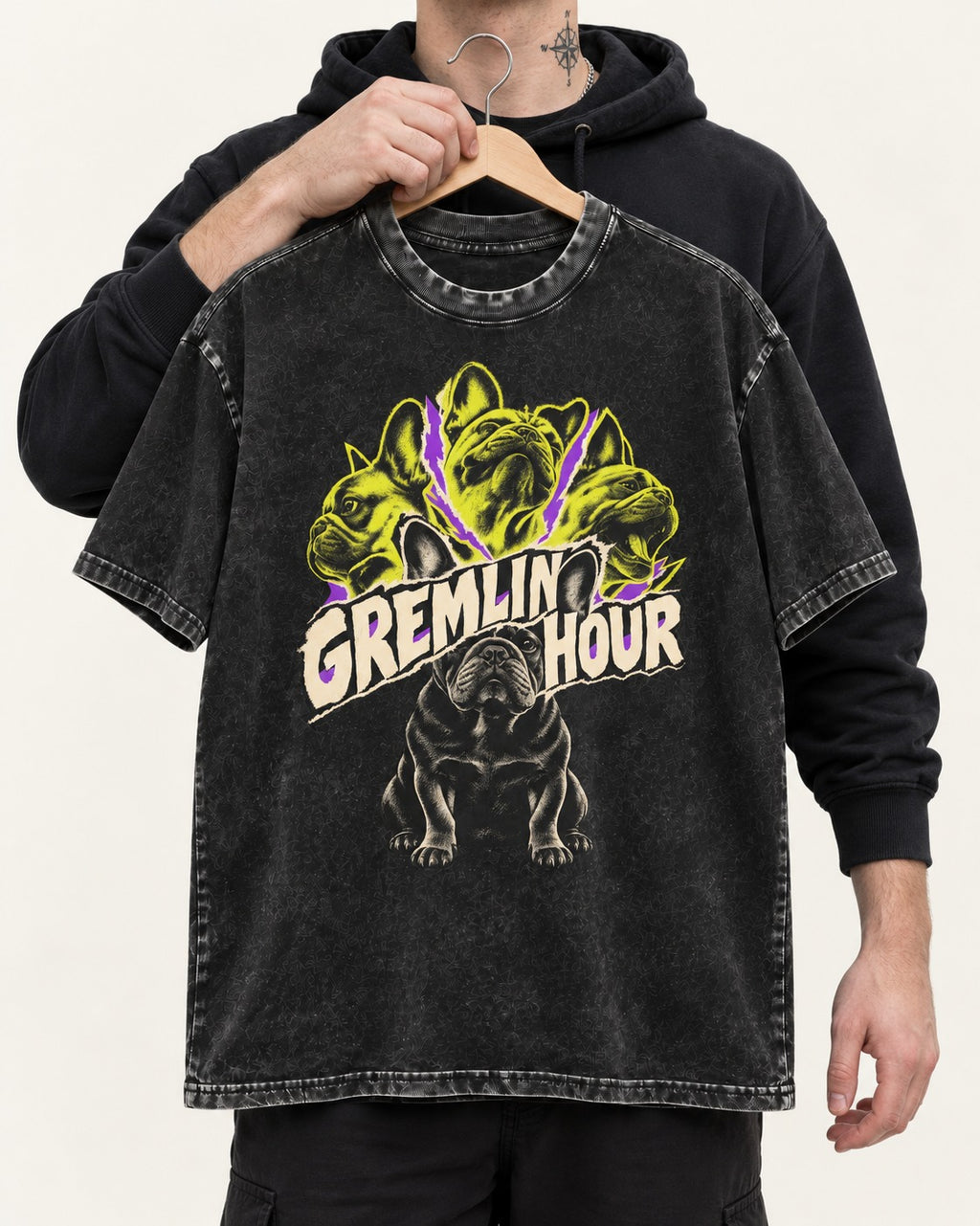 Frenchie Gremlin Hour Multi Portrait Graphic Washed Tee in Black, held up on a hanger
